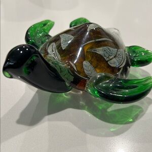 Italian Art Glass Sea Turtle Green Marbled Paperweight Gold Brown Marine